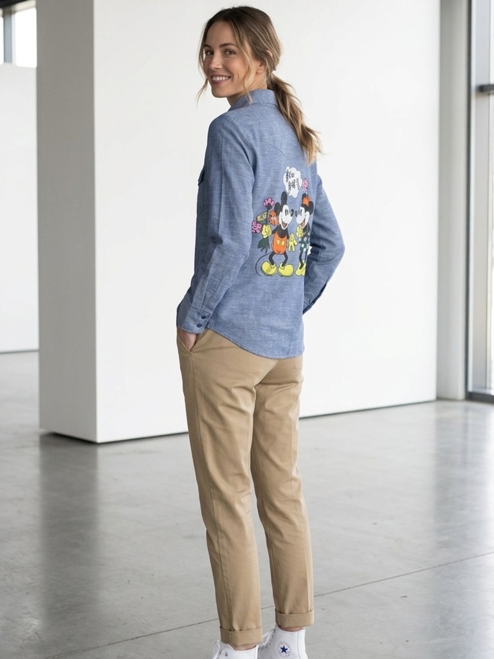 Vintage Minnie & Mickey  “you are wonderful “ Blue Chambray Button-Down Shirt.